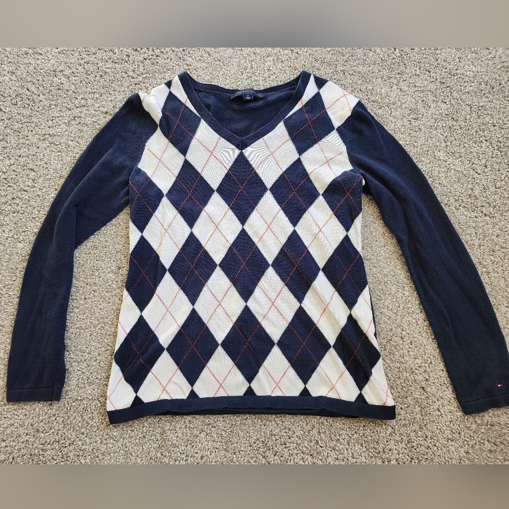 Tommy Hilfiger Navy and White Argyle Sweater